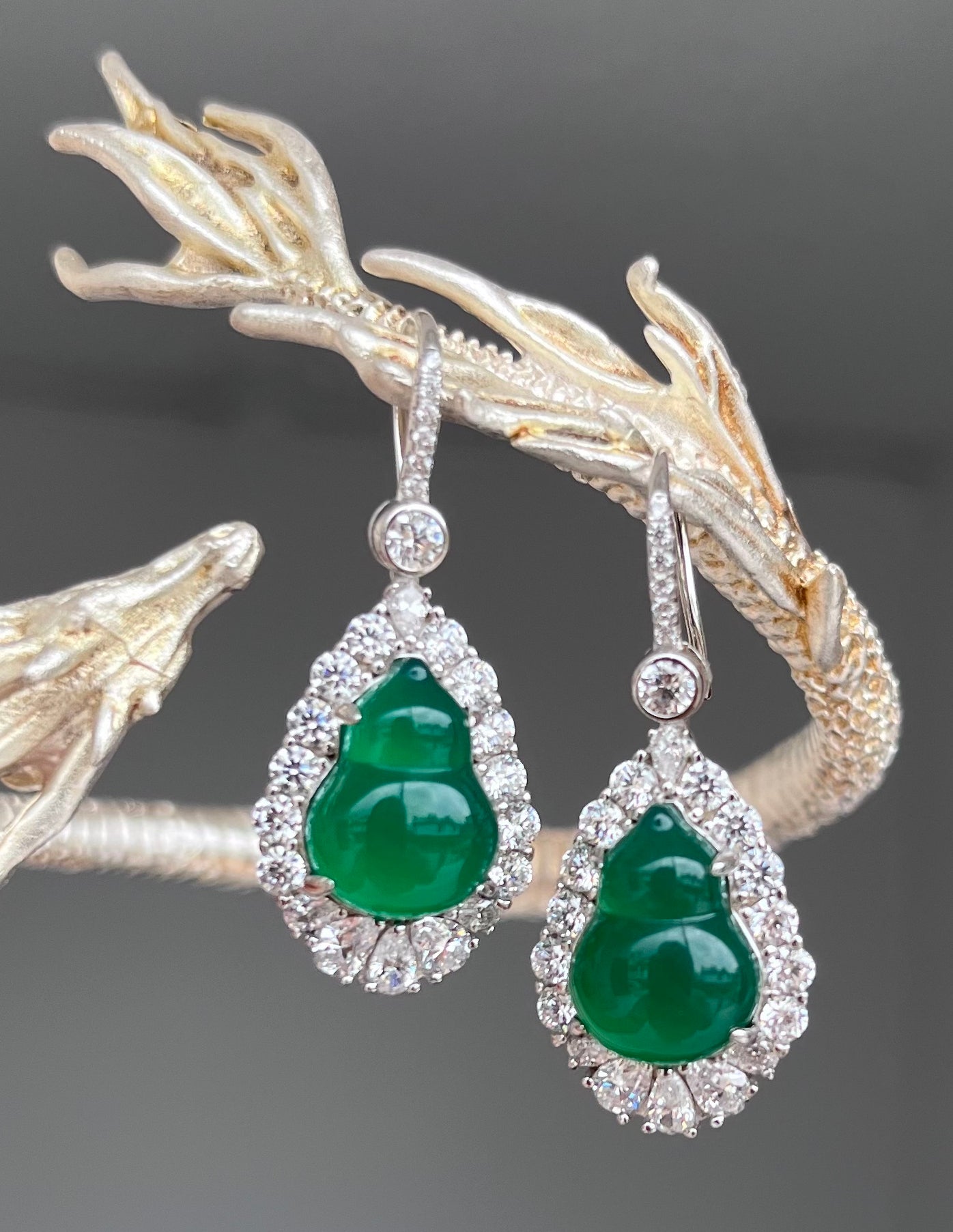 "Hulu" Calabash Earrings Hoops, Water Foam Jade Translucent Jade with 925 Sterling Silver Frame