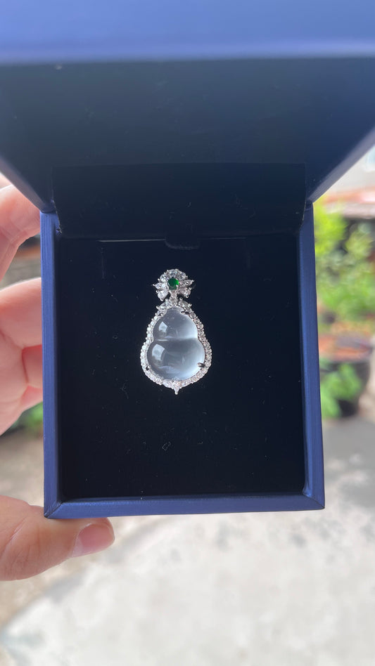"Hulu" Calabash Jade Pendant,Natural Water Foam Jade Necklace with 925 Sterling Silver Bail, Diamond