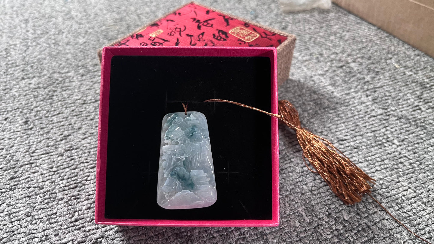 Jadeite Jade Landscape Mountain Forest River Scenery Hand Carved Pendant Necklace, Green & White Jade