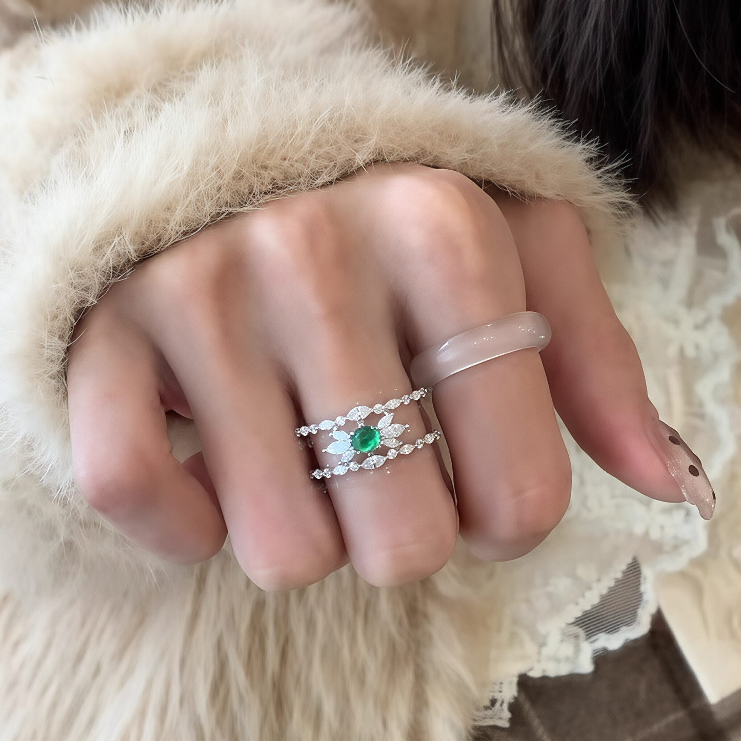 Natural Water Foam Jade Ring With Sterling 925 Silver Bail, White Jade