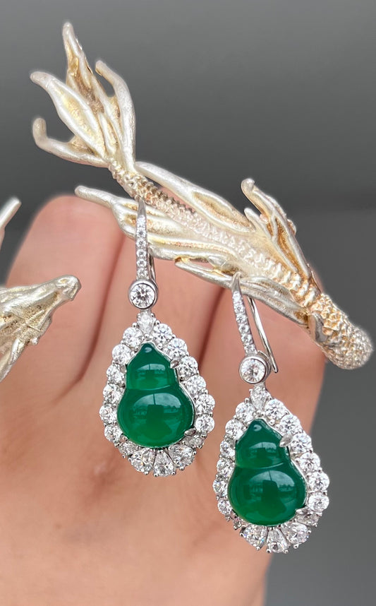 "Hulu" Calabash Earrings Hoops, Water Foam Jade Translucent Jade with 925 Sterling Silver Frame