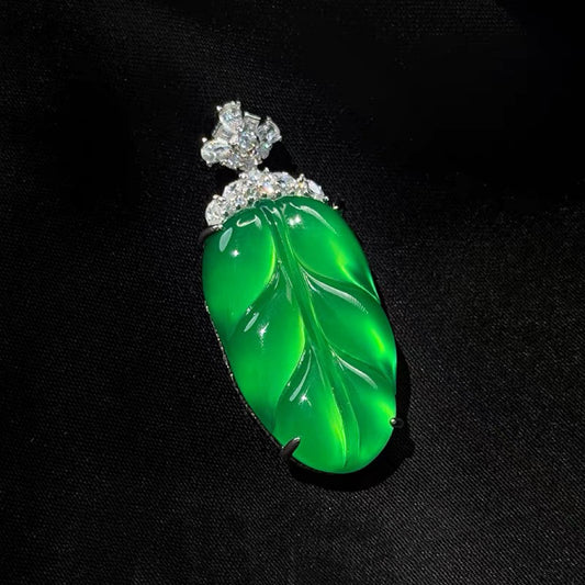 "Leaf" Chalcedony Jade Pendant, Light Green Jade with 925 Sterling Silver Bail Necklace