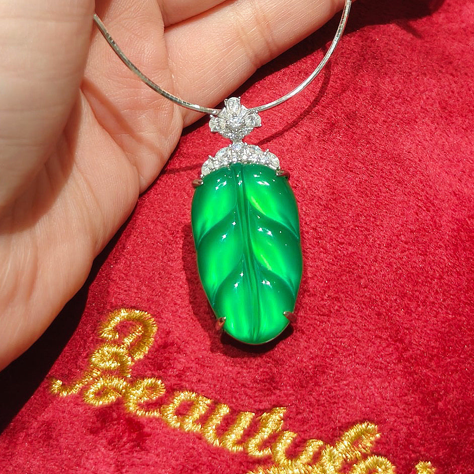 "Leaf" Chalcedony Jade Pendant, Light Green Jade with 925 Sterling Silver Bail Necklace