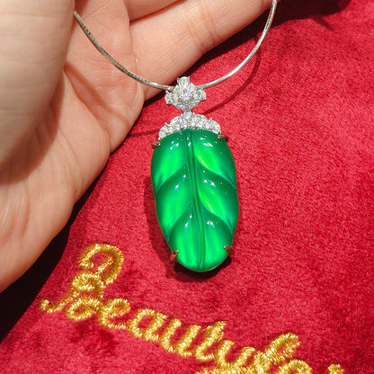 "Leaf" Chalcedony Jade Pendant, Light Green Jade with 925 Sterling Silver Bail Necklace
