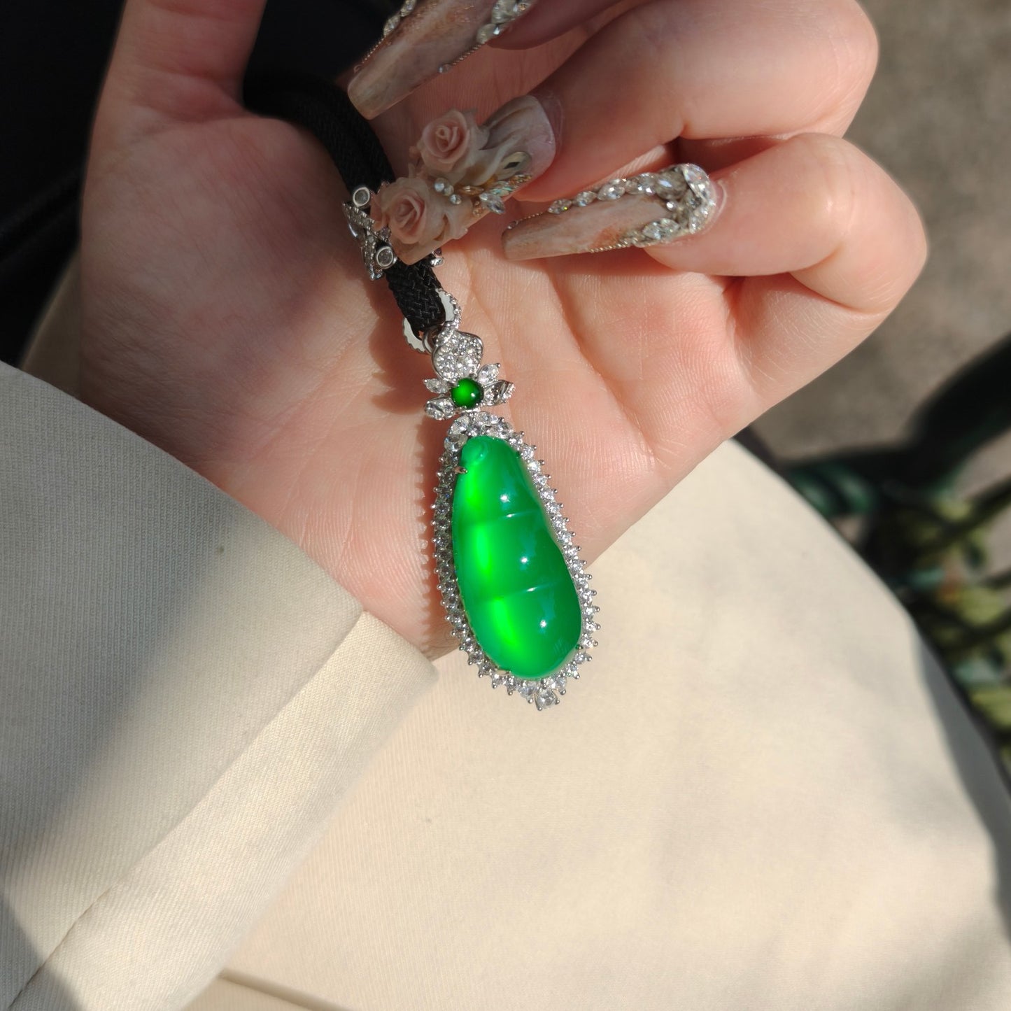 Chalcedony Jade, Bean Jade Pendant with 925 Sterling Silver Bail,Necklace