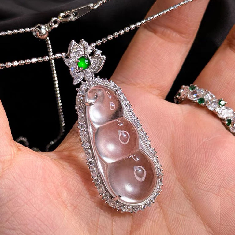 Natural Water Foam Jade, Bean Jade Pendant with 925 Sterling Silver Bail,Necklace, Translucent Jade