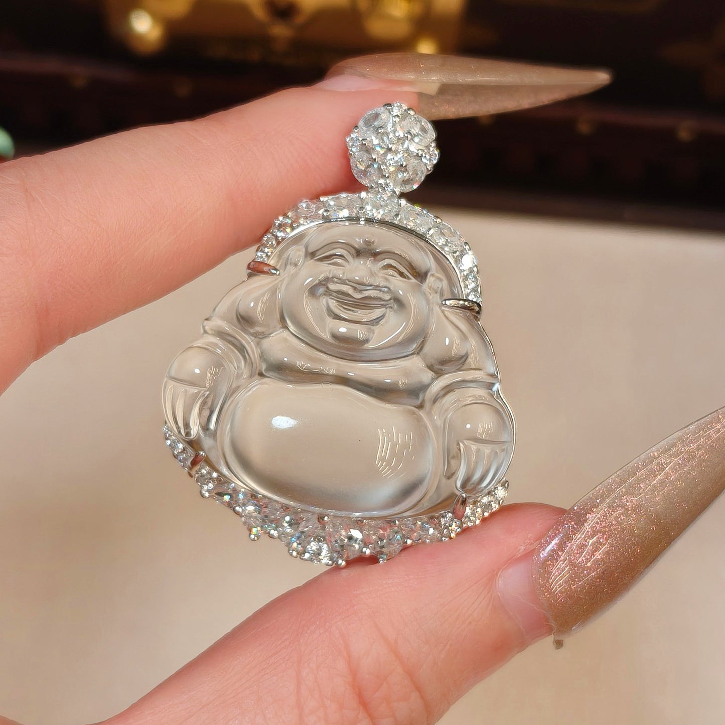 Happy Buddha Jade Pendant, Laughing Buddha, Budai, Water Foam Jade Carved Pendant