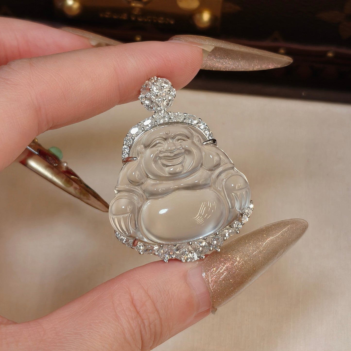 Happy Buddha Jade Pendant, Laughing Buddha, Budai, Water Foam Jade Carved Pendant