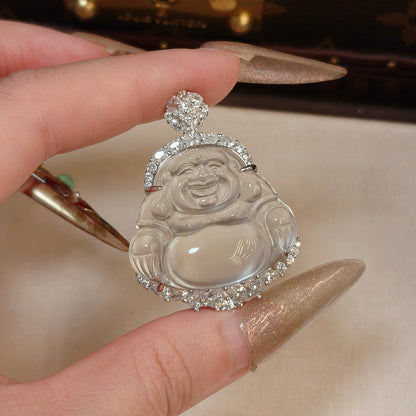 Happy Buddha Jade Pendant, Laughing Buddha, Budai, Water Foam Jade Carved Pendant