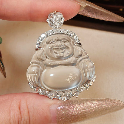 Happy Buddha Jade Pendant, Laughing Buddha, Budai, Water Foam Jade Carved Pendant