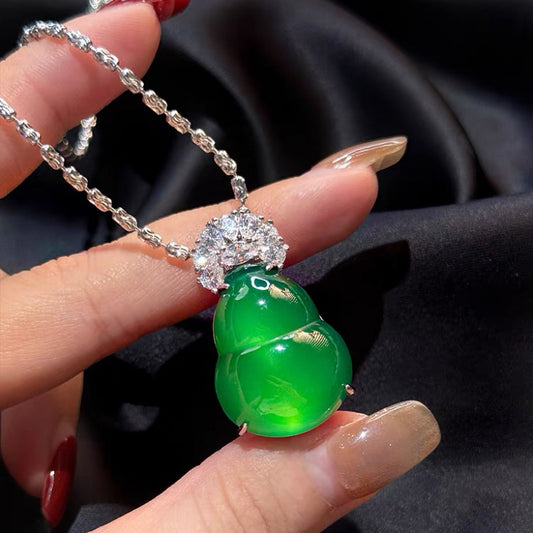 "Hulu" Calabash Chalcedony Jade With 925 Sterling Silver Bail, Calabash Jade Pendant