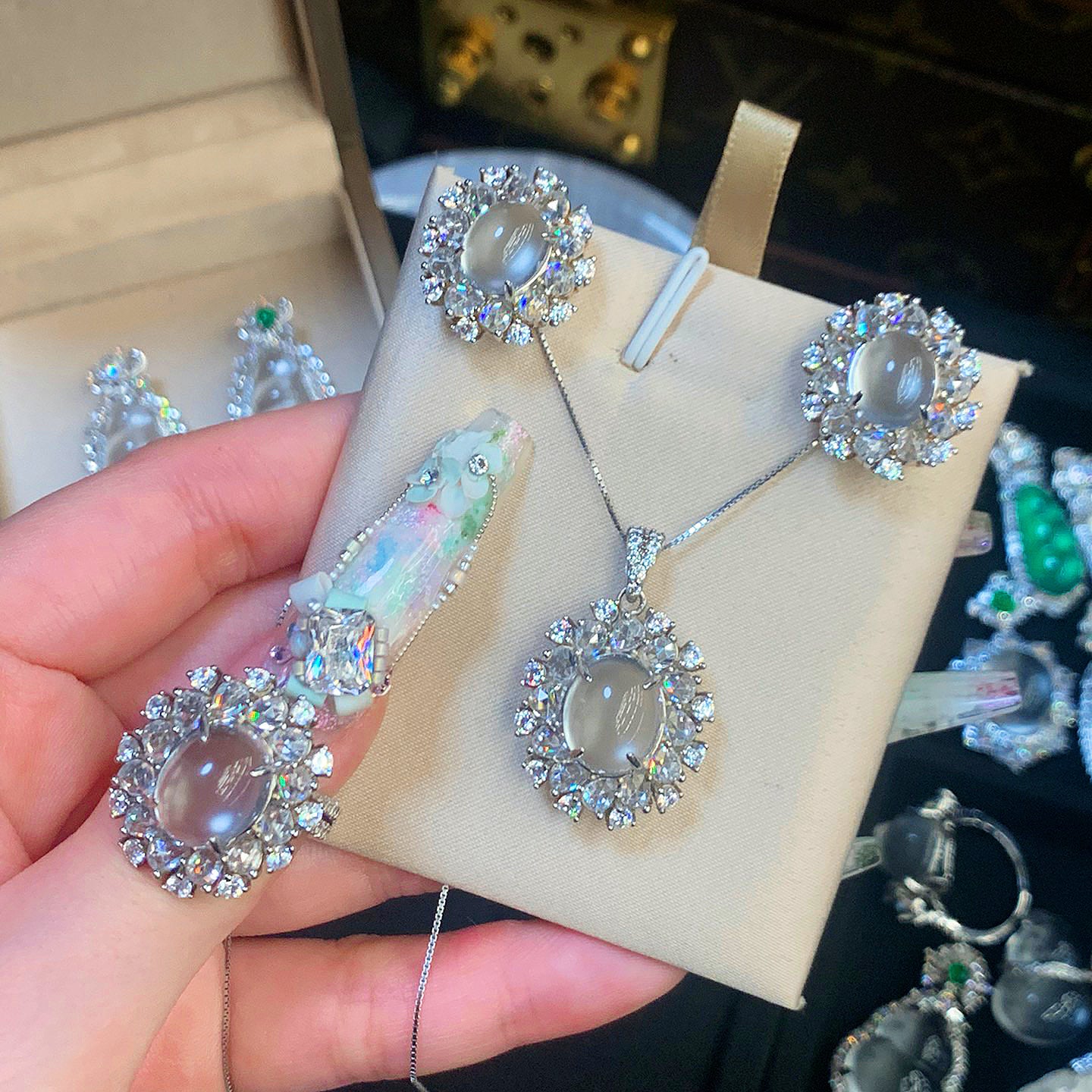Water Foam Jade Classic Sets, Natural Jade with 925 Sterling Silver