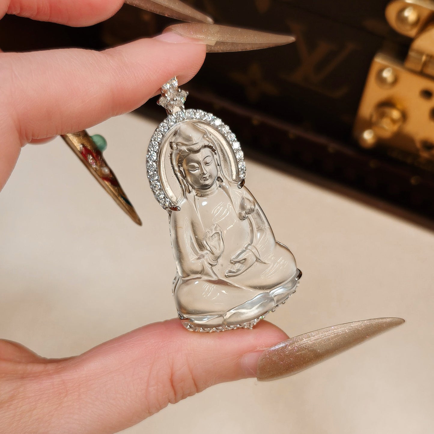"Guan Yin" Avalokiteshvara Bodhisattva Jade Pendant, Water Foam Jade with 925 Sterling Silver Bail