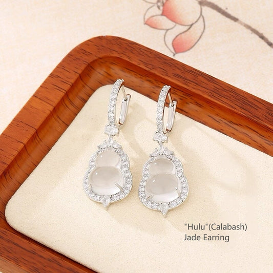 "Hulu" Calabash Earrings Hoops, Water Foam Jade Translucent Jade with 925 Sterling Silver Frame