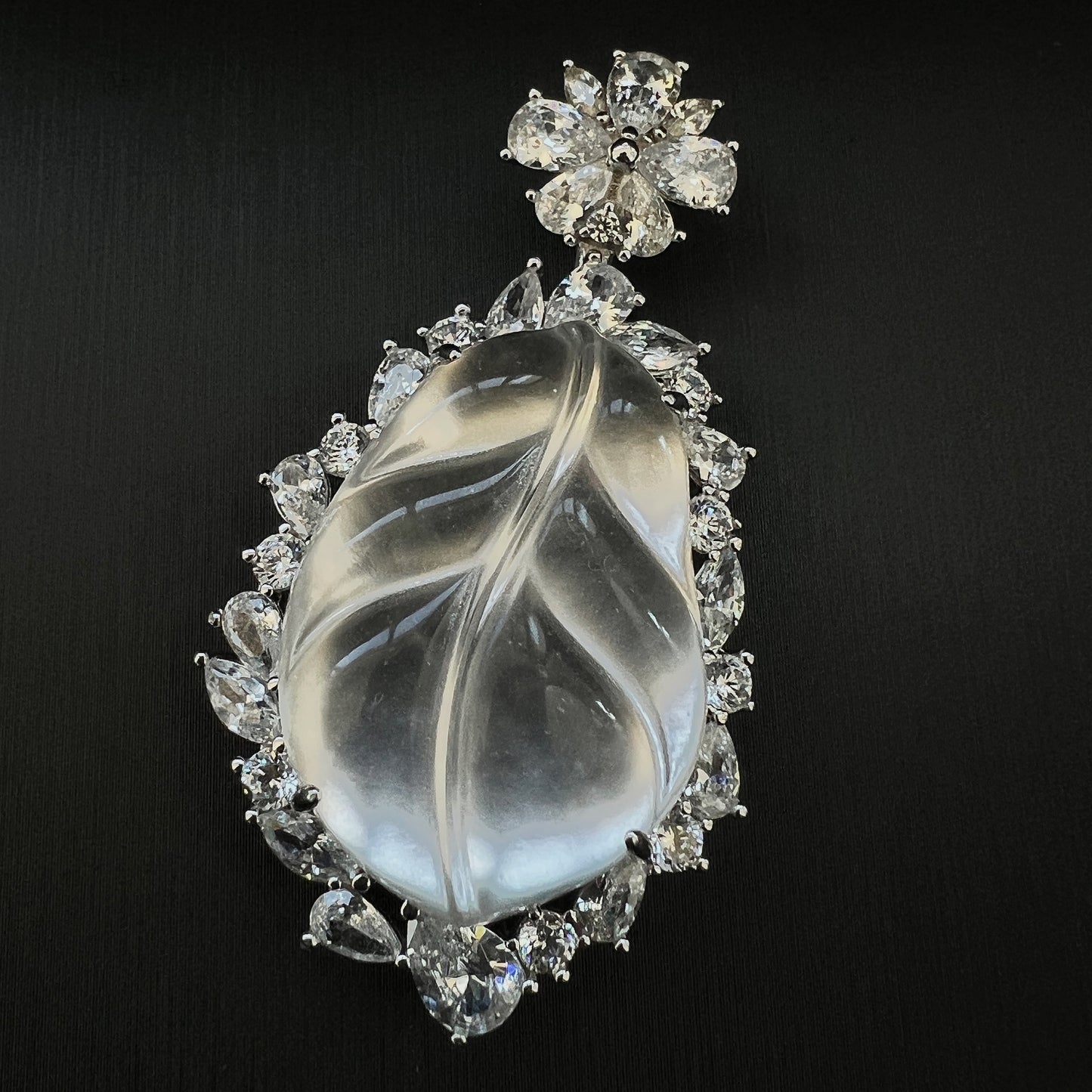 Leaf Jade Pendant,Natural Water Foam Jade Necklace with 925 Sterling Silver Bail, Diamond