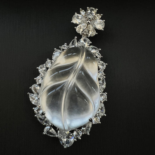 Leaf Jade Pendant,Natural Water Foam Jade Necklace with 925 Sterling Silver Bail, Diamond