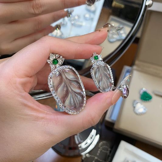 Leaf Jade Pendant,Natural Water Foam Jade Necklace with 925 Sterling Silver Bail, Diamond