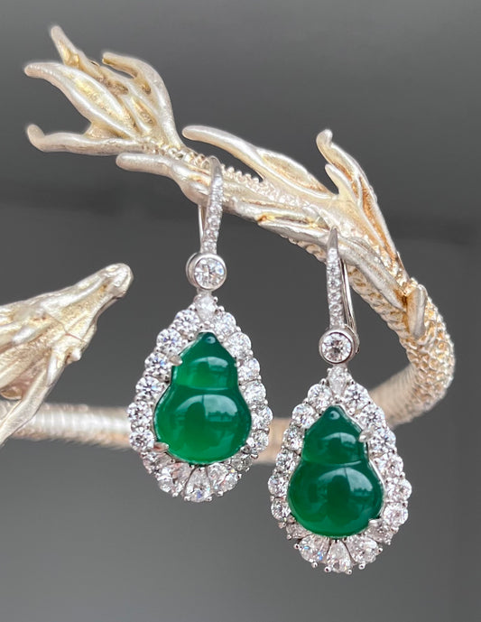 "Hulu" Calabash Earrings Hoops, Water Foam Jade Translucent Jade with 925 Sterling Silver Frame