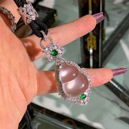 "Hulu" Calabash Jade Pendant,Natural Water Foam Jade Necklace with 925 Sterling Silver Bail, Diamond