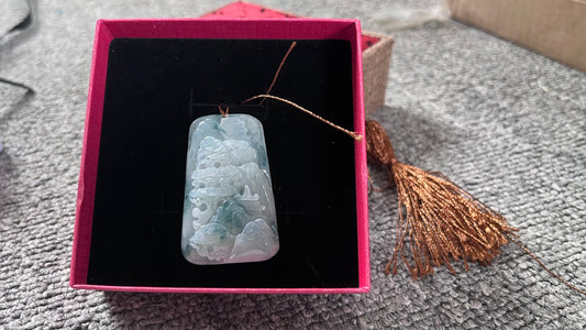 Jadeite Jade Landscape Mountain Forest River Scenery Hand Carved Pendant Necklace, Green & White Jade