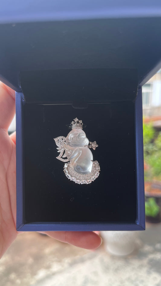"Angel" Jade Pendant,Natural Water Foam Jade Necklace with 925 Sterling Silver Bail, Diamond