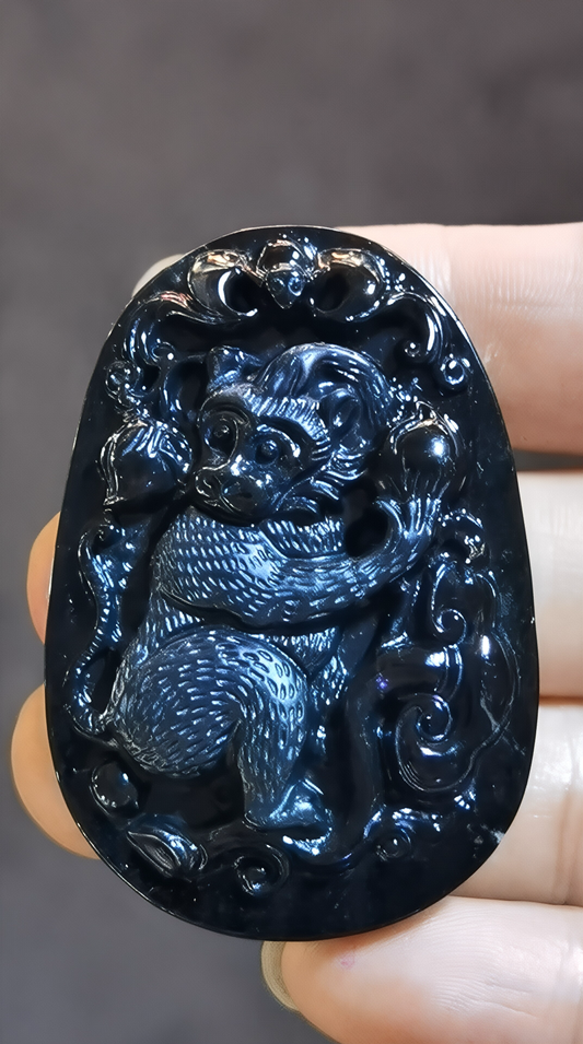 "Monkey With Peach " Natural Jadeite Jade Black Green Pedant Necklace, Collections