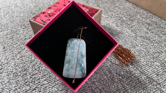 Jadeite Jade Landscape Mountain Forest River Scenery Hand Carved Pendant Necklace, Green & White Jade
