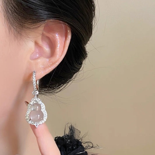 "Hulu" Calabash Earrings Hoops, Water Foam Jade Translucent Jade with 925 Sterling Silver Frame
