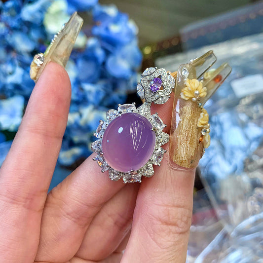 Oval Lavander Chalcedony Jade With 925 Sterling Silver Bail, Purple Jade Pendant, Necklace