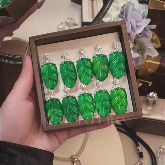 "Leaf" Chalcedony Jade Pendant, Light Green Jade with 925 Sterling Silver Bail Necklace